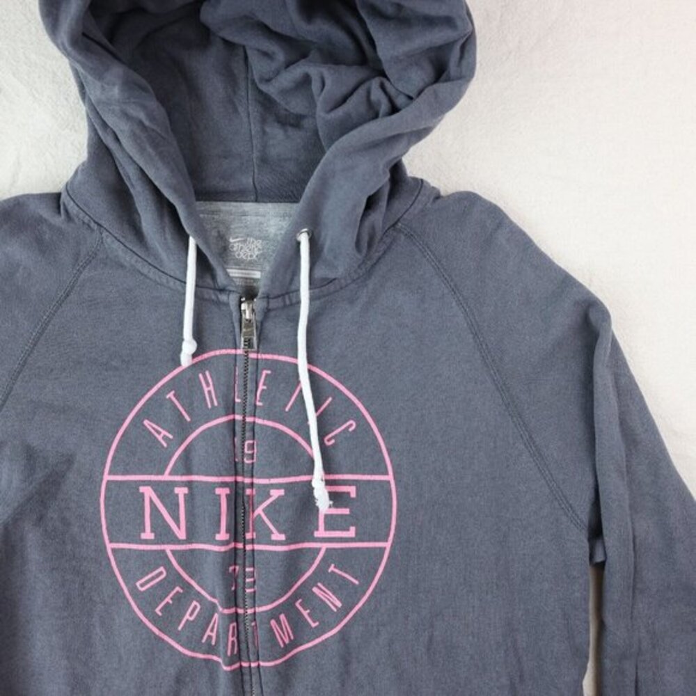 Nike Full Zip Hoodie Sweatshirt Top Gray & Pink Spell Out Logo Athletic Lounge